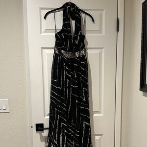 Elegant Express Black and Gray Halter Dress with sequin belt, size XS